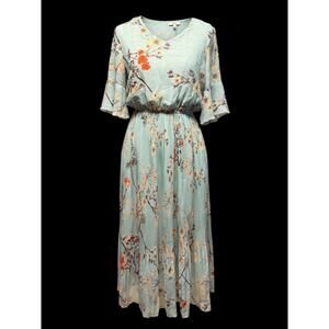 Classy Women’s M Floral Print Maxi Dress Light Blue V-Neck Ruffle Sleeve Pleated